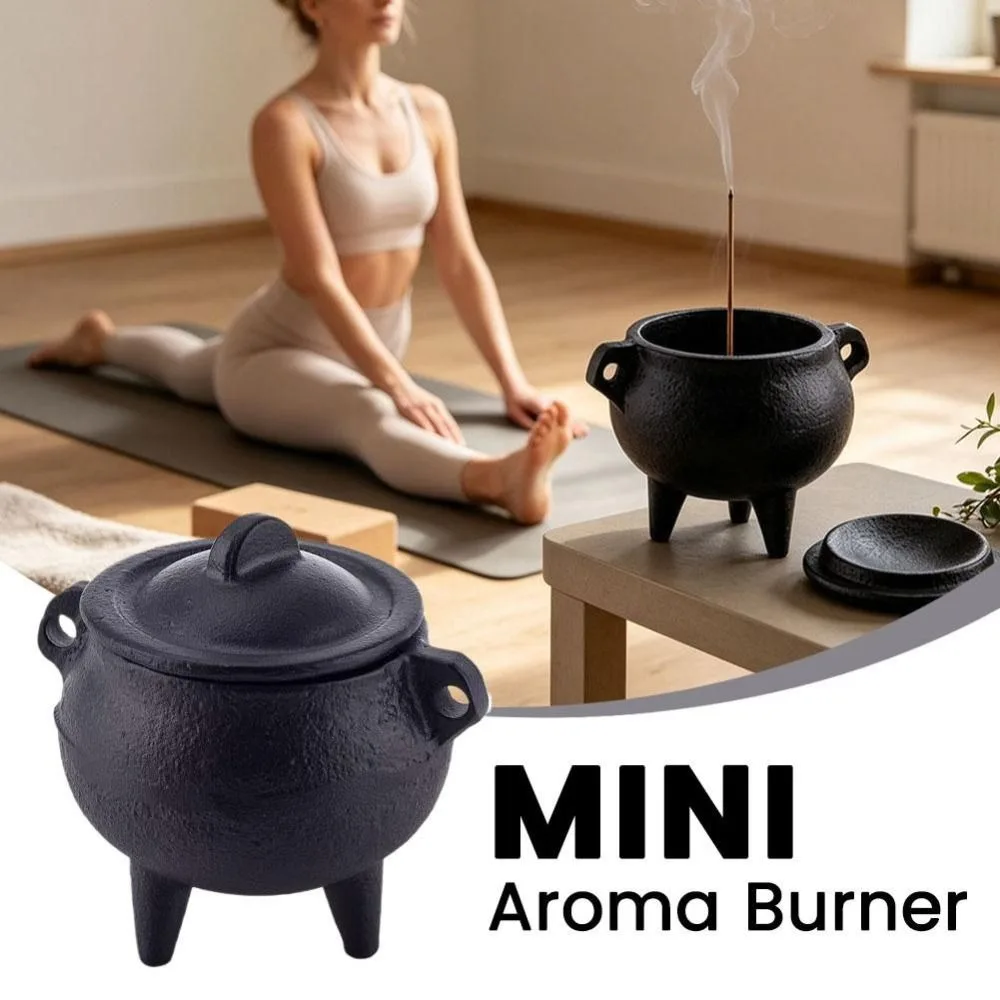 Cast Iron Incense Burner Stable Tripod Removable Lid Cauldron Censer Vintage Style Side Ring Handles Incense Holder Meditation