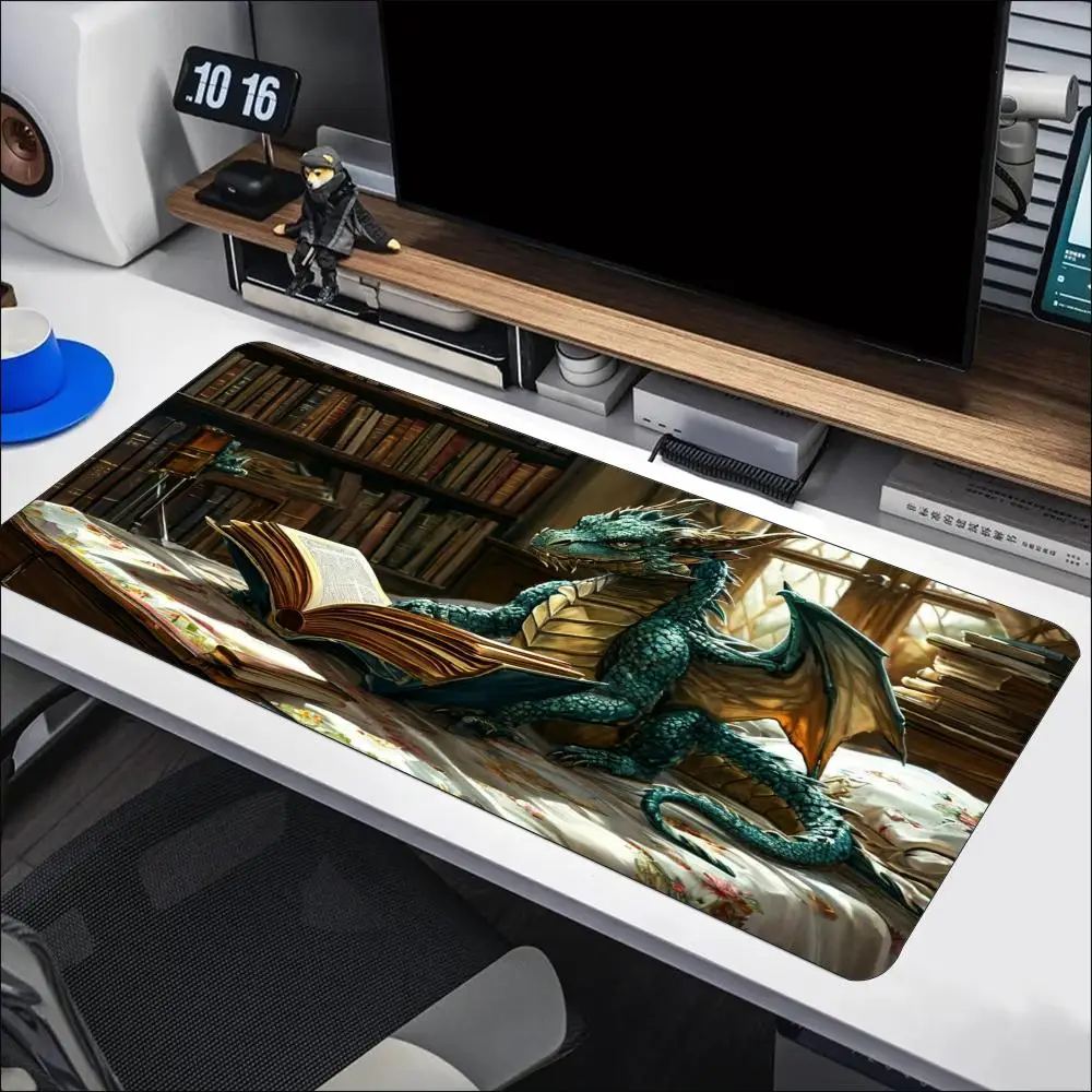 Green Dragon Reading Book Rose Library Large Gaming Mouse Pad XXL Desk Mat Non-Slip Stitched Edge for Fantasy Desk Decor