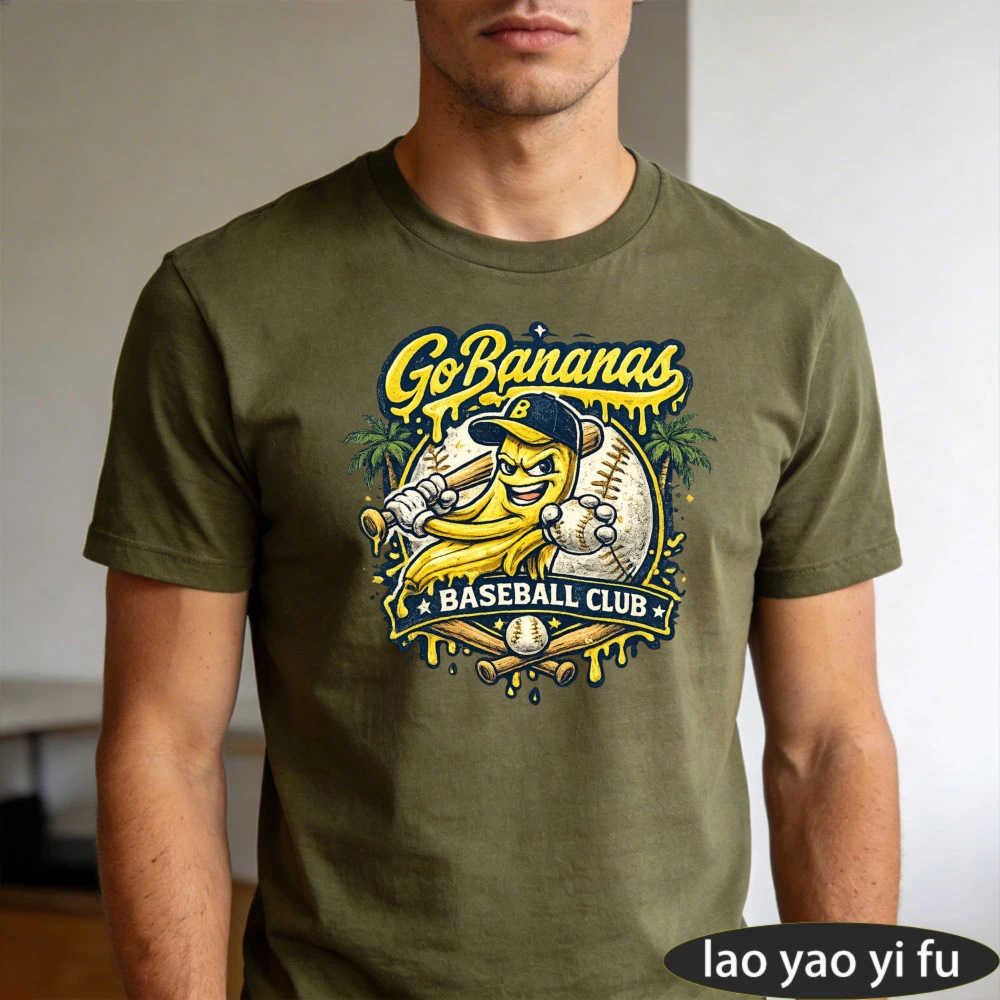 Go Bananas Baseball Club Banana Mascot Drip Graphic Herren-Sommer-T-Shirt aus Baumwolle, tropisches Baseball-Fan-Kurzarm-Freizeitoberteil