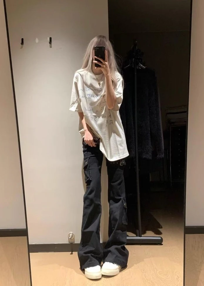 กางเกงคาร์โก้ผู้หญิง สไตล์พังก์ ฤดูใบไม้ผลิ ผ้าไนลอน หลายชั้น เรียบง่าย ศิลปะ ความงามแบบอาร์ต ลุคคนเมือง ลายถัก น้ำหนักเบา ทรงโอเวอร์ไซส์