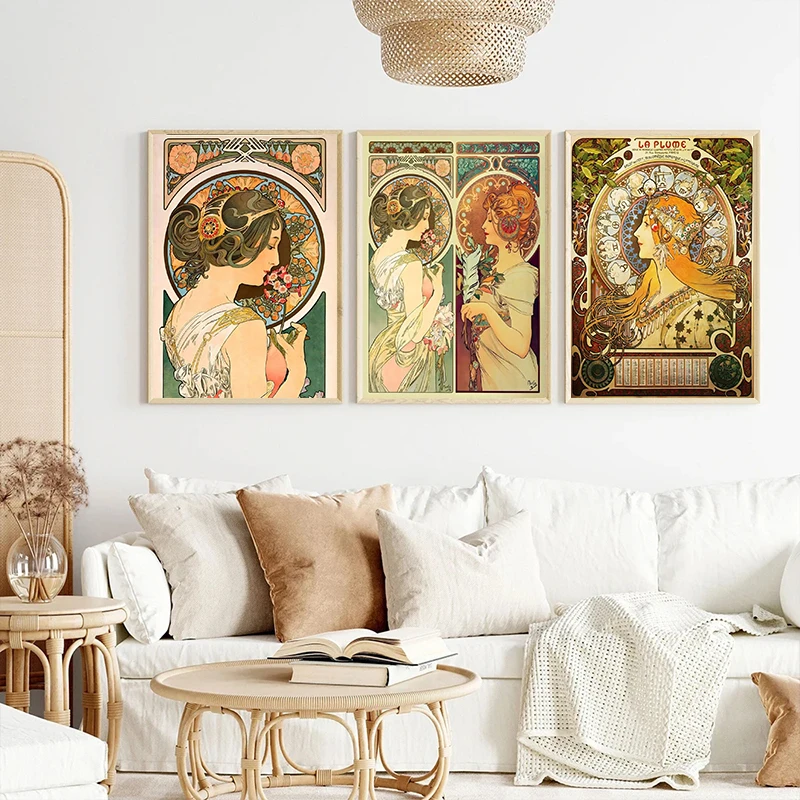 Vintage Alphonse Mucha Illustration Posters Nouveau Canvas Paintings Prints Elegant Wall Art Pictures For Living Room Home Decor