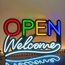 LED Store Bar Cafe Open Welcome Sign 22x14 Inches Matt Black Base with Ultra Bright Silicone Neon for Business Use