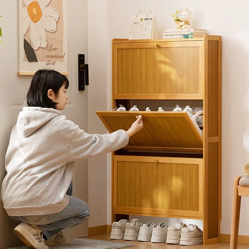 17cm Ultra-Thin Shoe Cabinet for Entryway Space-Saving Flip-Up Shoe Rack Large Capacity Storage Rack Hallway Bamboo Organizer
