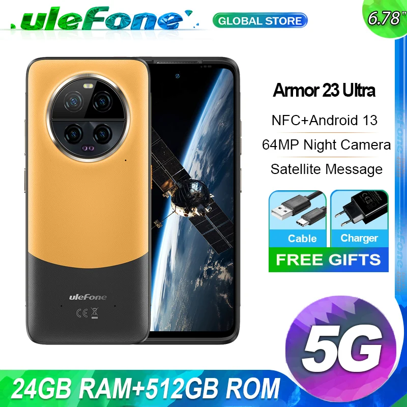 Ulefone Armor 23 Ultra, 24 Гб+512 Гб,5G Rugged, 5280 мАч, Satellite Message, 120 Вт, 64 МП ночная камера, NFC,глобальная версия