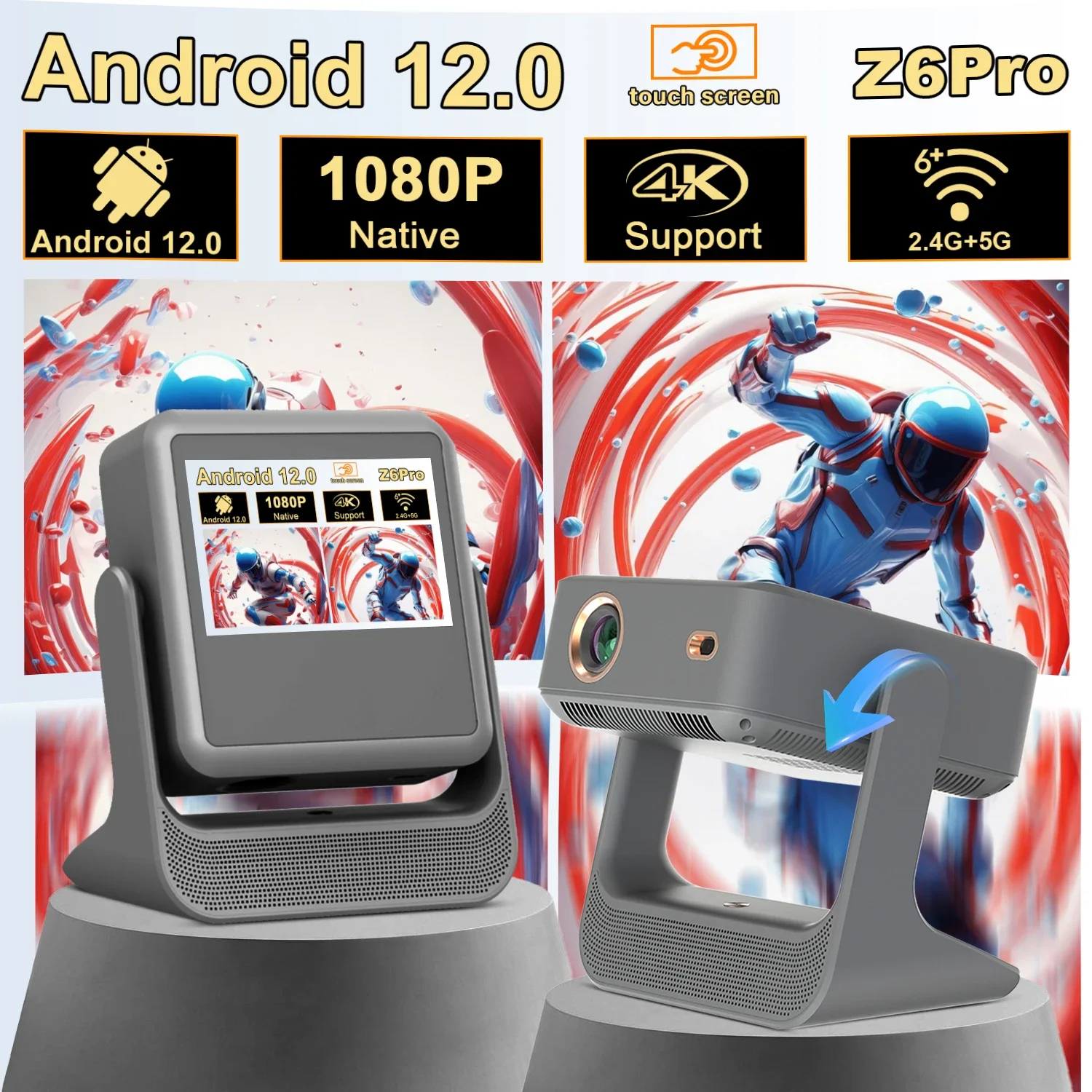 YouTube Prime videoprojector 8 '' touchscreen 4K 1080P WiFi Bluetooth Android iOS Mirroring 180 °   Flip HDMI USB Karaoke 30-300''