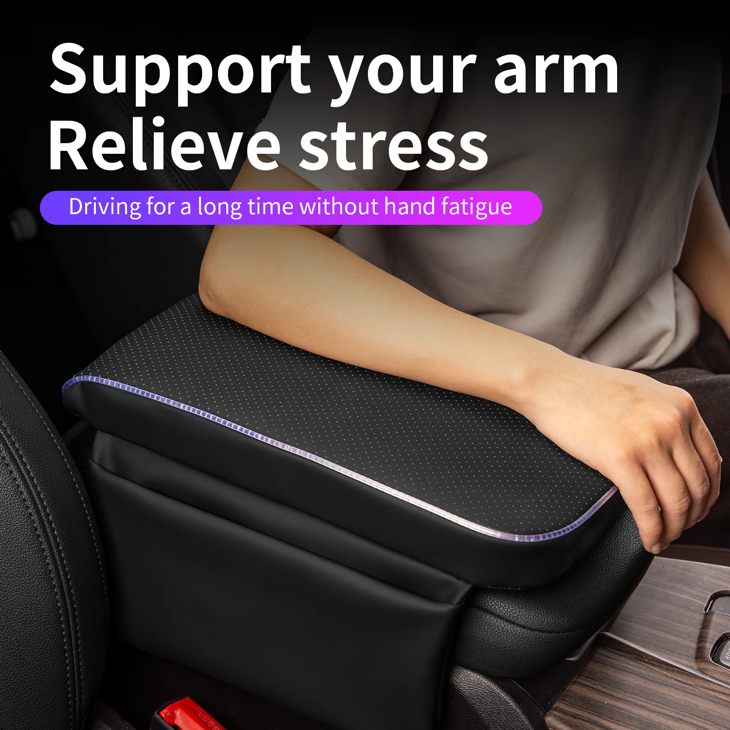 Car Armrest Height Cushion, Nappa Leather Memory Foam Pad, Breathable Perforated, with Side Storage Pockets & Ambient Light