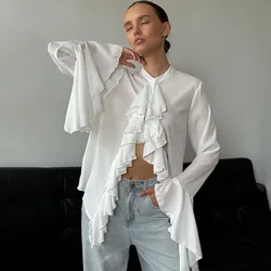 Apprabant Thin Satin Flounce Edge Irregular Office Lady Shirts Round Neck Flared Long Sleeves Slightly Transparent Cardigan Top