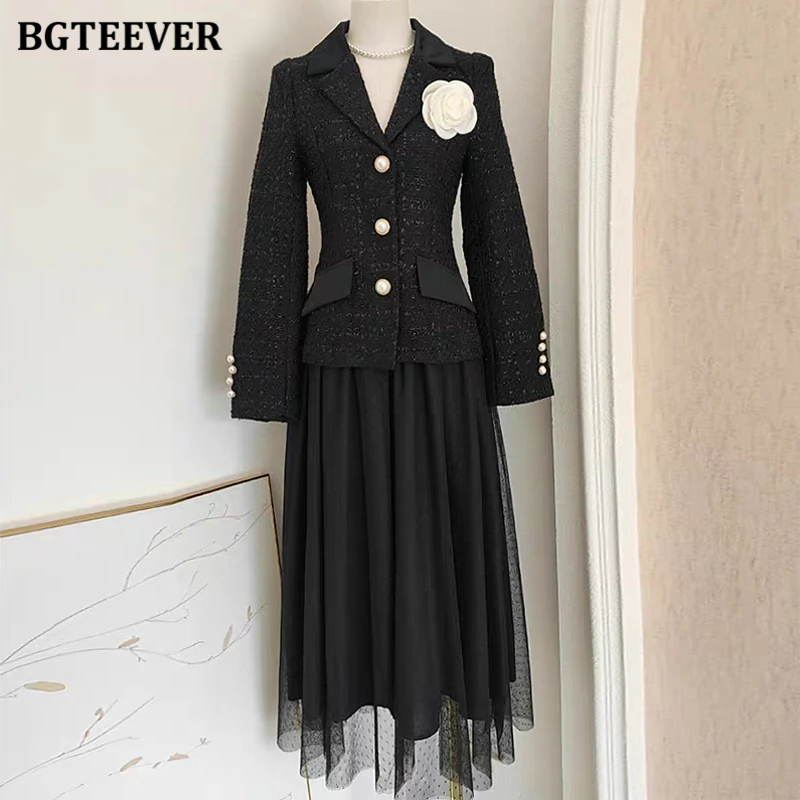 BGTEEVER Elegant Women Blazer Skirt Suits Long Sleeve Single-breasted Suit Coats Ladies A-line Mesh Skirts Ladies Outfits