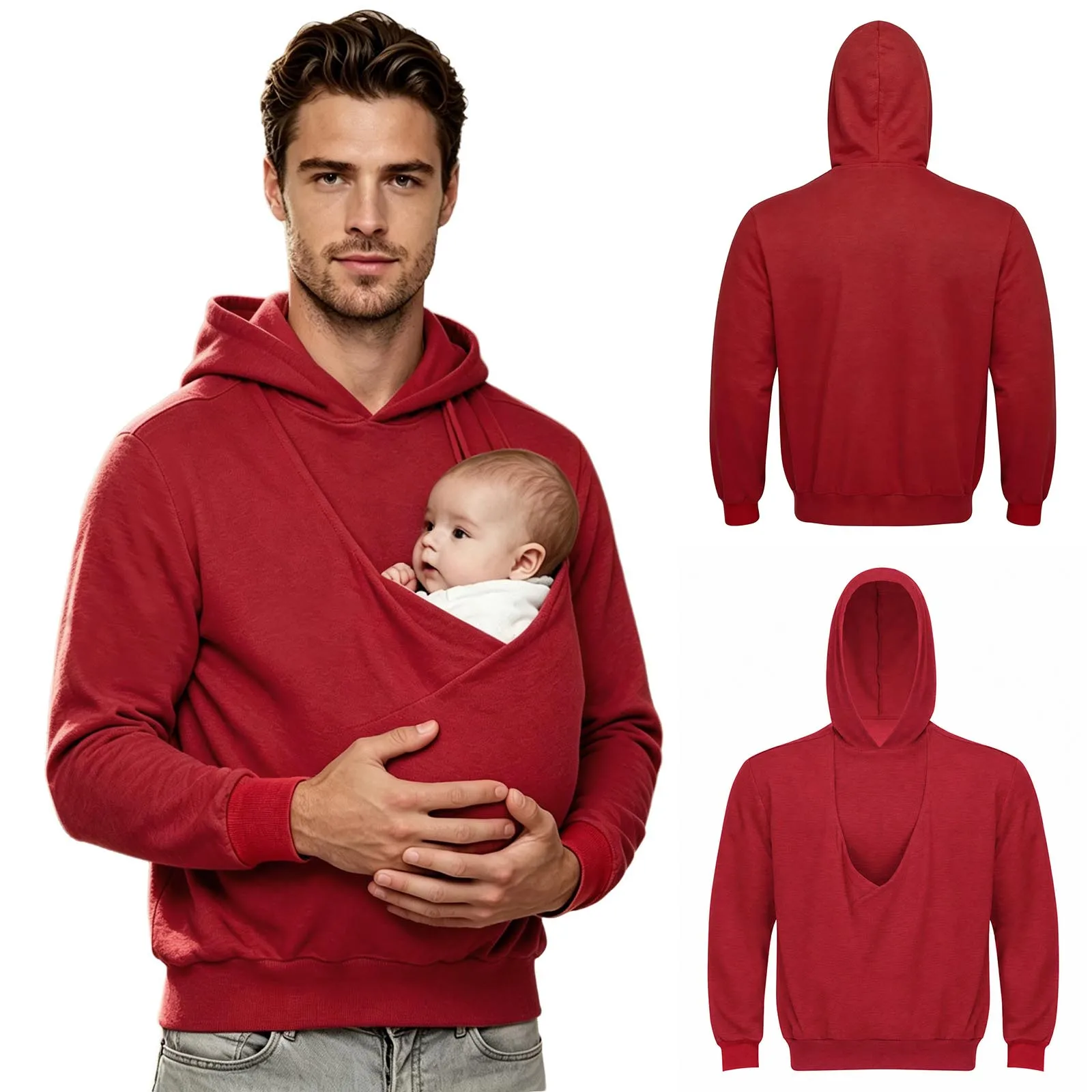Men Hooded Sweatshirt Kangaroo Jacket Dad and Baby Carrier Hoodie Front Large Pouch Pullover Top for Outing Travel Homewear