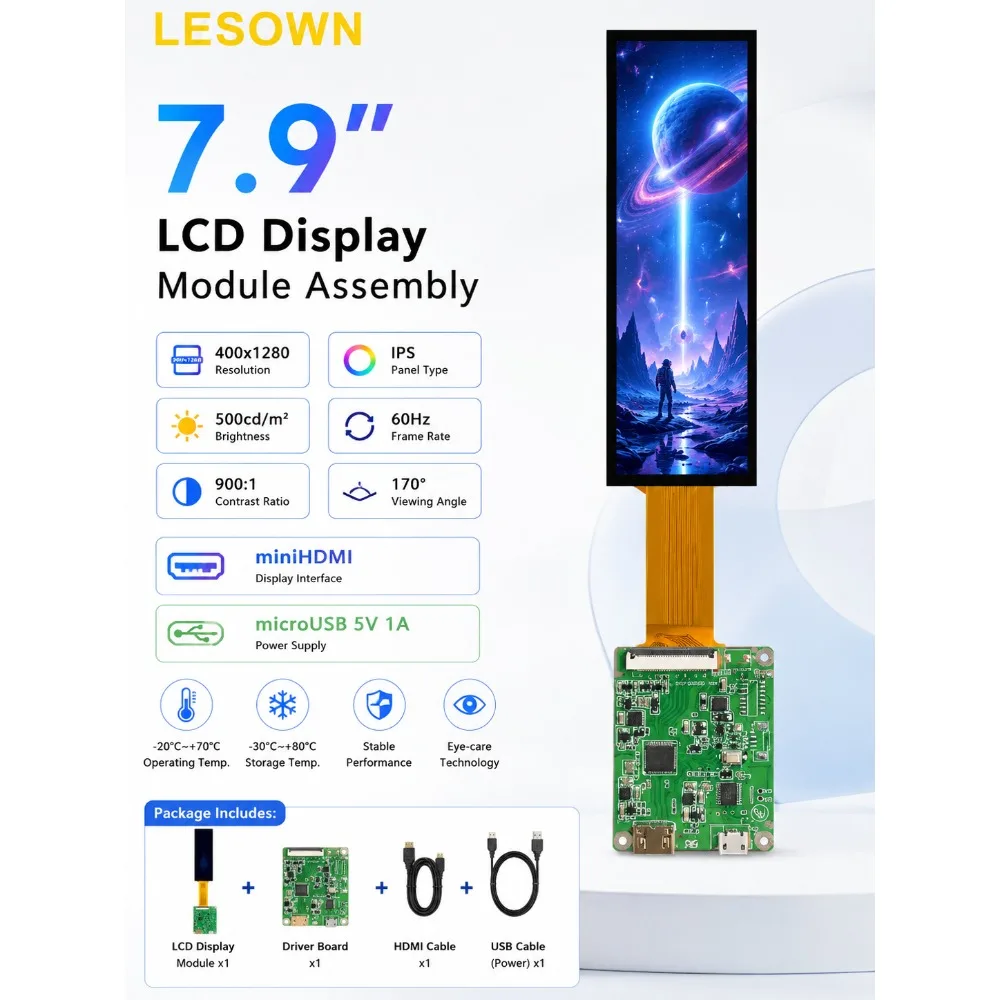 LESOWN 7.9in Pantalla de Visualizacin No-Setup Bar Type Display 500cd/m2 with MicroUSB Power for Projects