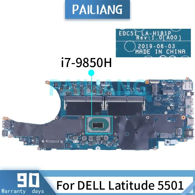 

LA-H181P For DELL Latitude 5501 Laptop Motherboard 0GWDNC 02TV8Y 05T36M EDC51 LA-H181P Notebook Mainboard I5 I7-9th Gen DDR4