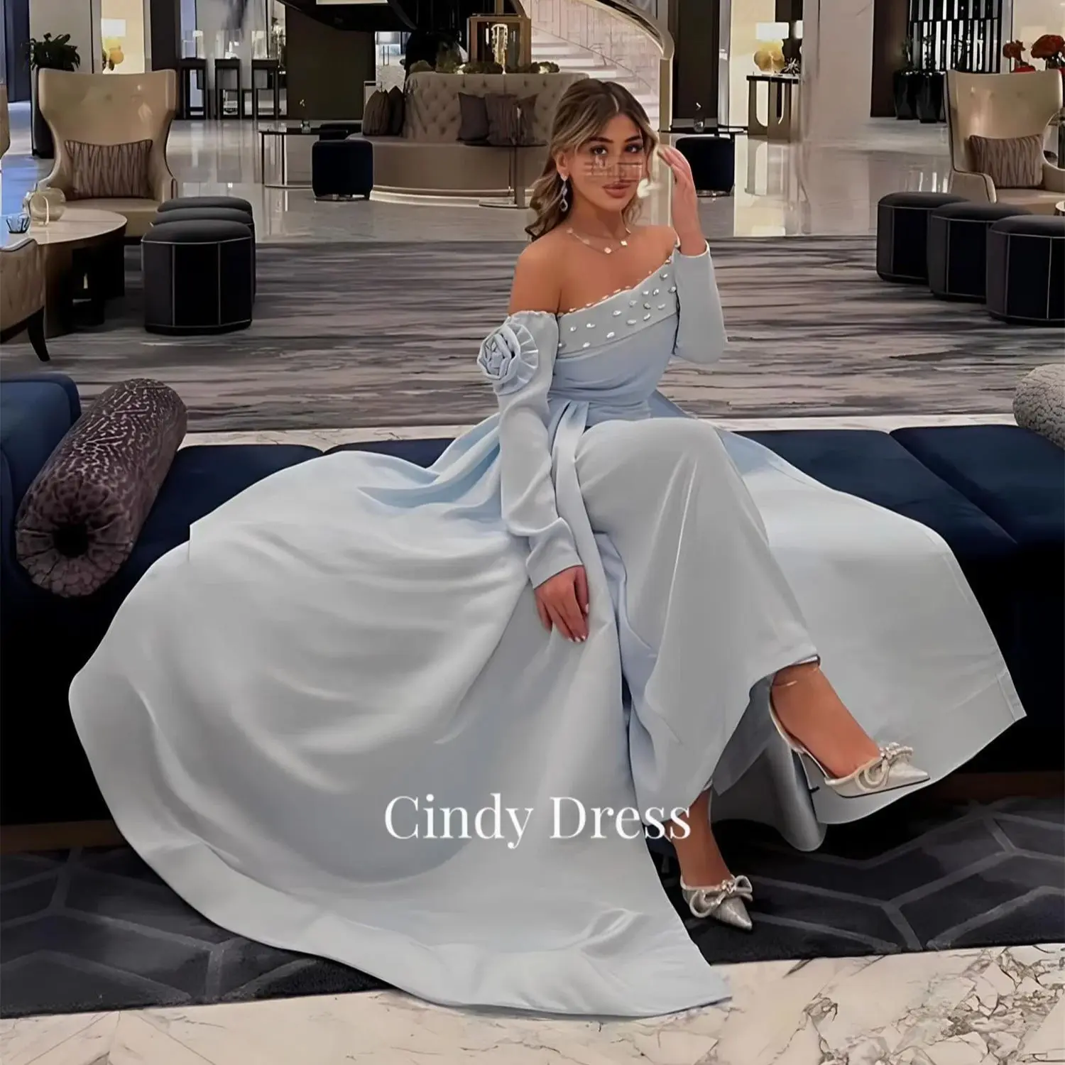 

Cindy Saudi Arabian Off-shoulder Mermaid Long Sleeves Long Tail Diamonds Sharon Happy Dress 2023 Formal Occasion Dresses Party