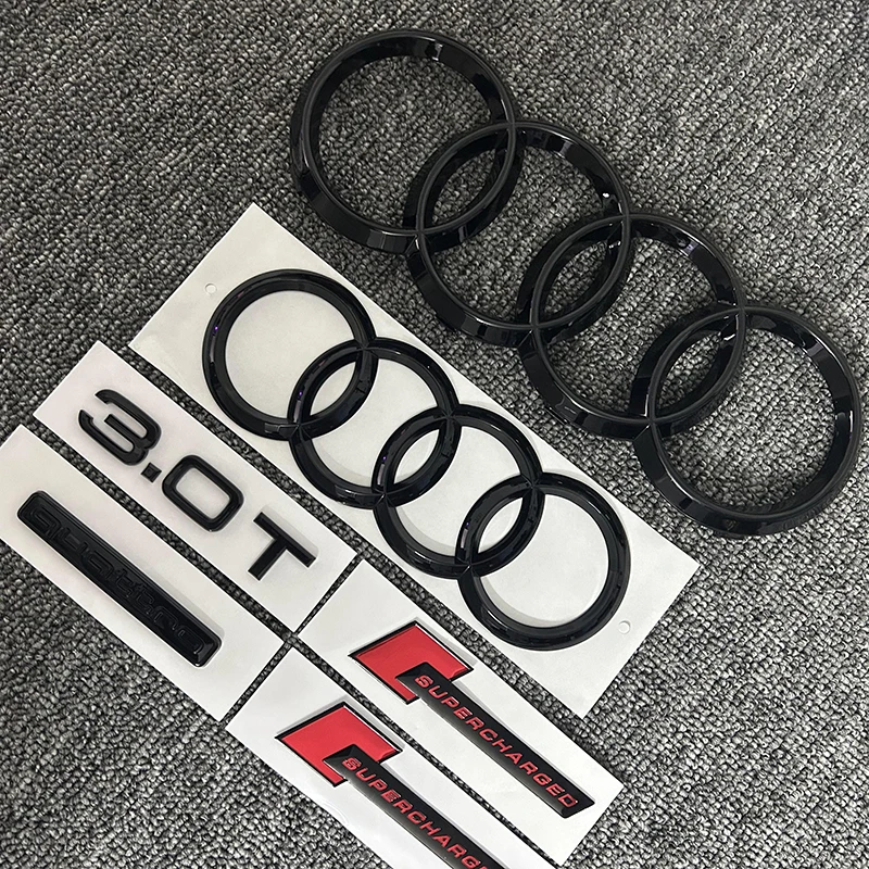 2PCS 4Ring logo ABS Black Car Hood Front Grill Rear Trunk Sticker 1P A7 1P Quarrto 1P 3.0T 2P supercharged For AUDI A7 2012-2018