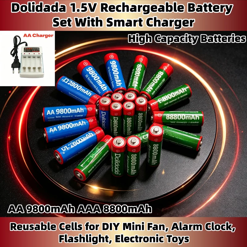 Zestaw akumulatorów Dolidada 1,5 V, które można ładować, wraz z inteligentną ładowarką, dostępne w zestawach od 4 do 20 sztuk. Opcje: baterie AA 9800 mAh i AAA 8800 mAh, do zastosowań w zabawkach