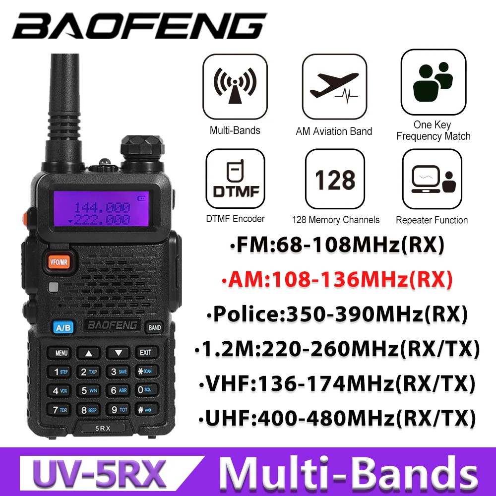 New Baofeng 5RX 5W Multi-Bands 136-174/220-260/400-520MHz 128 Channels  DTMF Repeater 1800mAh  handheld walkie talkie