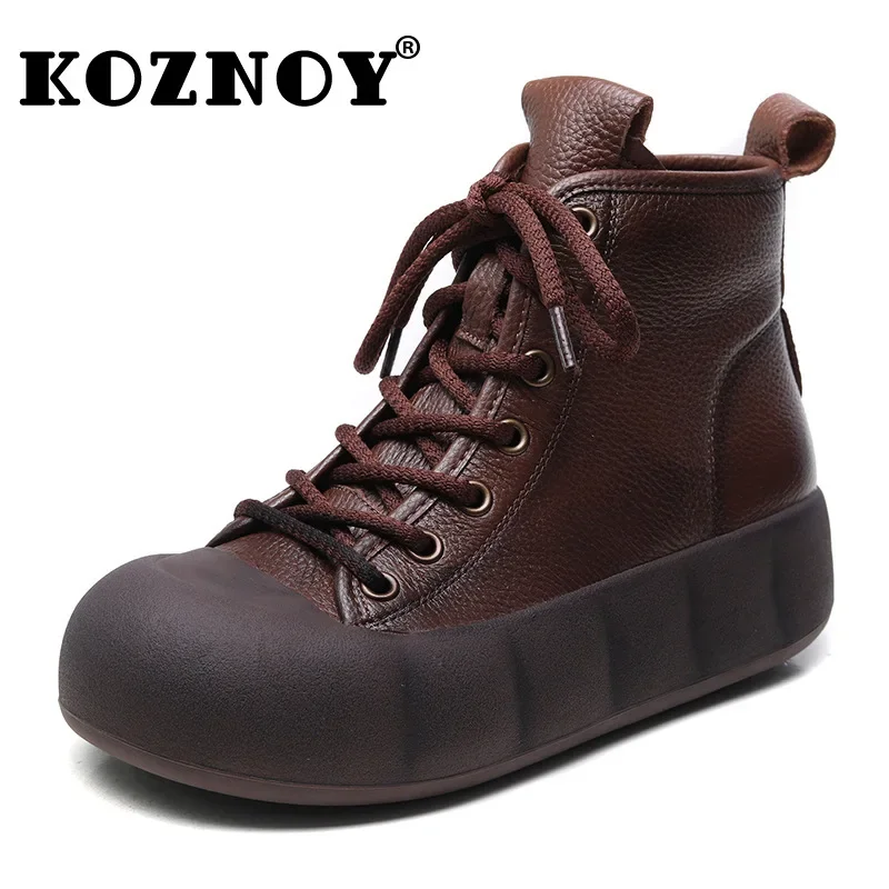 Koznoy 4.5cm Retro Natural Cow Genuine Leather Knee High Boots Women Flats Punk Ankle Booties Platform Wedge Motorcycle Booties