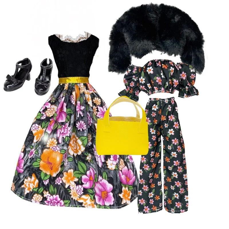 27-30cm Doll Clothes Set DIY Doll Bag Boots Floral Dress Fur Coat Casual Wear Decorations for 11.5inch Doll Clothing Accessories