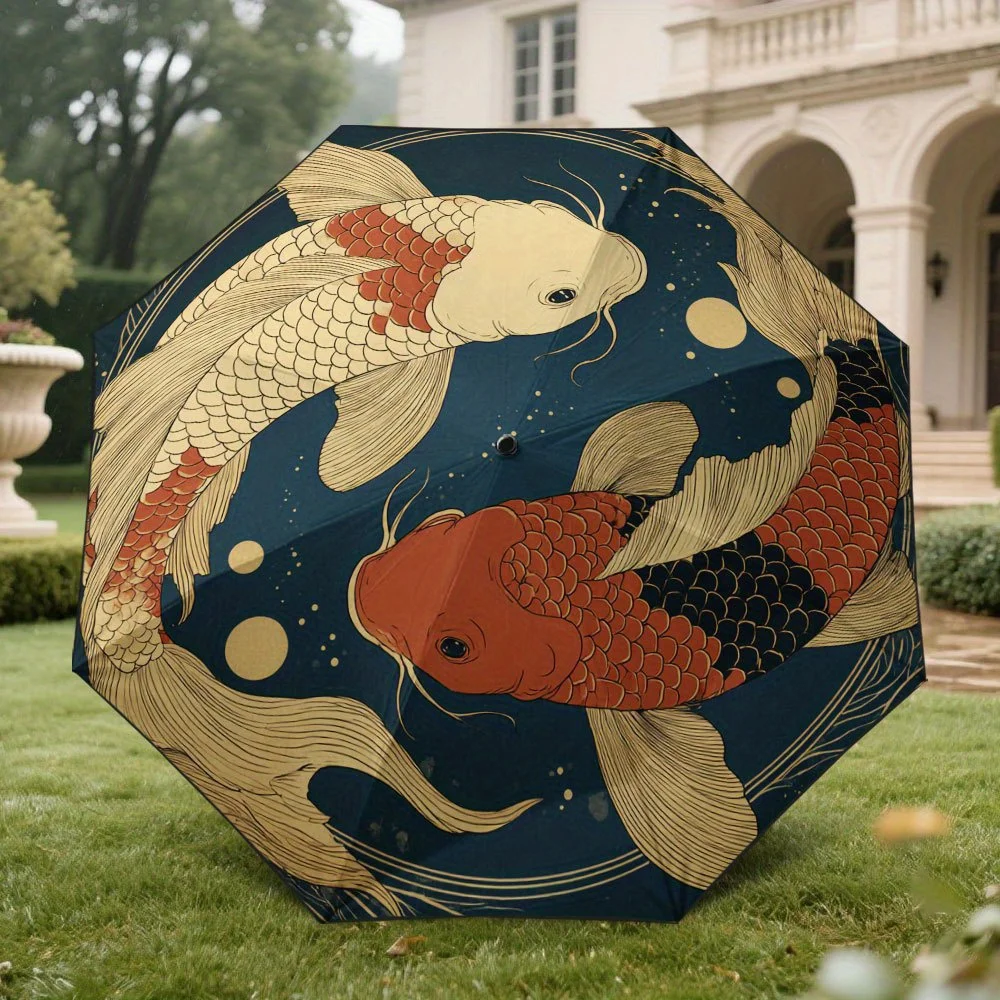 

1pc Yin Yang Koi Fish Umbrella - Automatic Open/Close, Compact Folding Parasol with 8-Rib Durable Frame, Japanese-Inspired Red