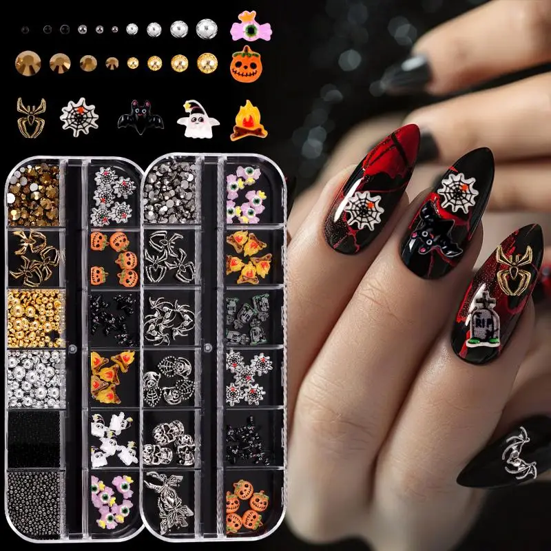 

12 Grid Halloween Series Nail Art Jewelry Cartoon Ghost Pumpkin Spider Bat Nail Charms DIY Nail Art Decoration Accessories