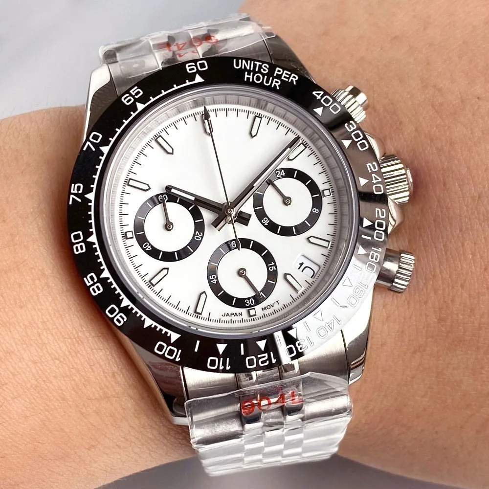 39 مللي متر Tandorio الأبيض الهاتفي كامل كرونوغراف اليابان VK63 ساعة متعددة الوظائف كوارتز رجالي ساعة معصم الياقوت الزجاج #6