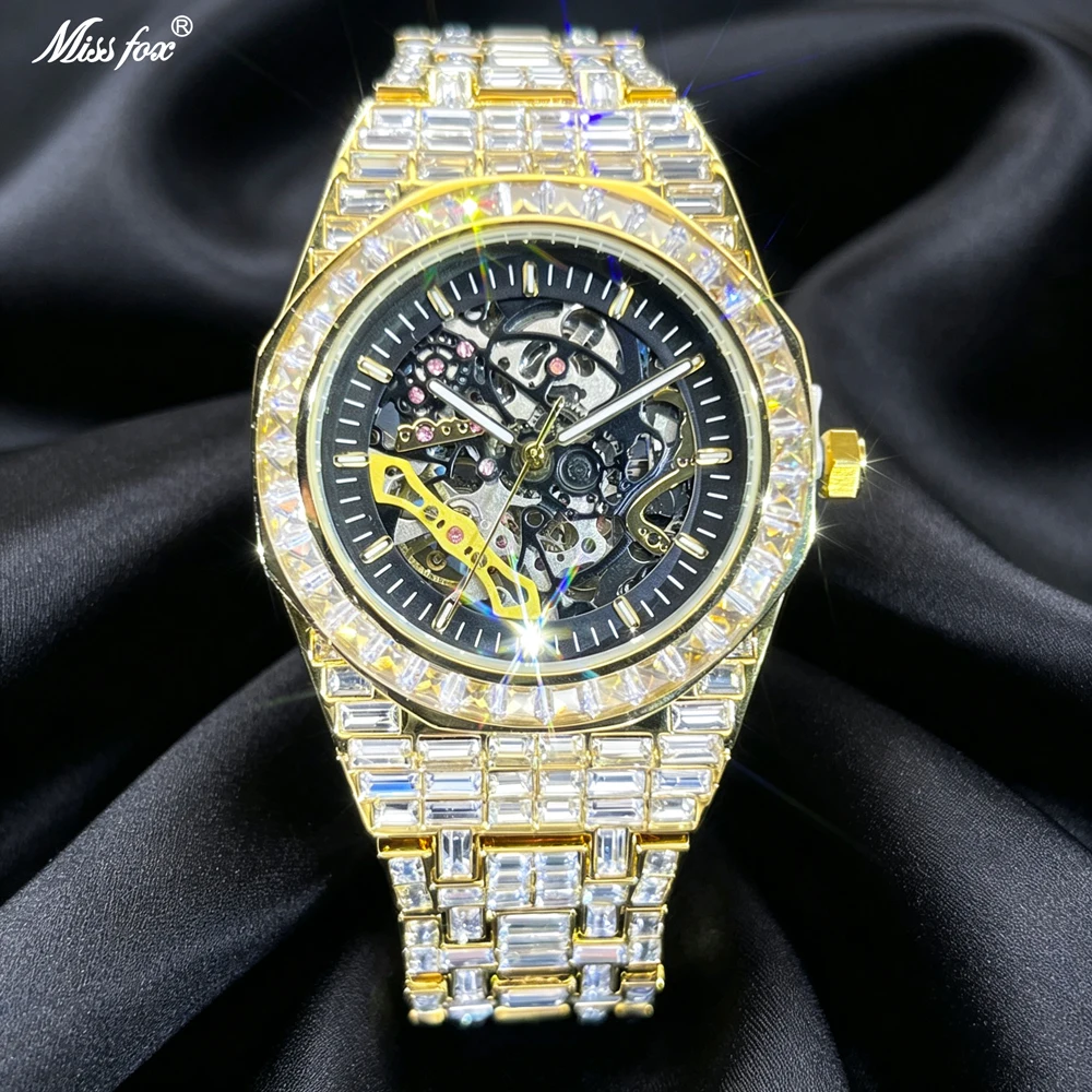 MISSFOX Men Skeleton Mechanical Watch Gold Baguette Crystal Hip Hop Iced Out Waterproof Steel Wrist Male Gift Reloj Hombre