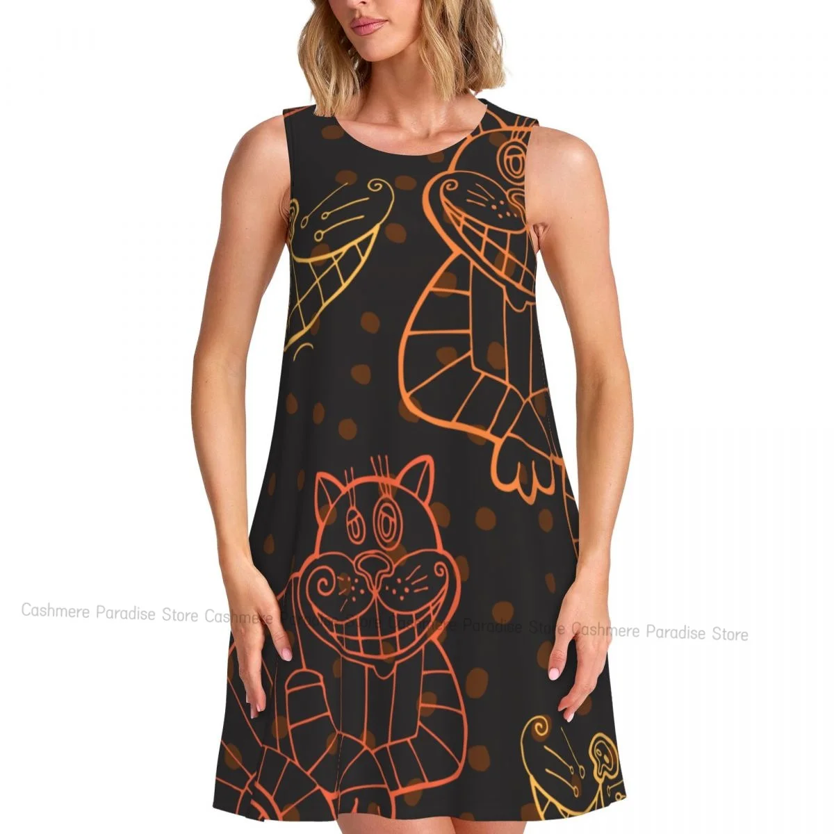 Dames casual knie damesjurk Cat For Tale Alice In Wonderland O-hals mouwloos bovenjurk
