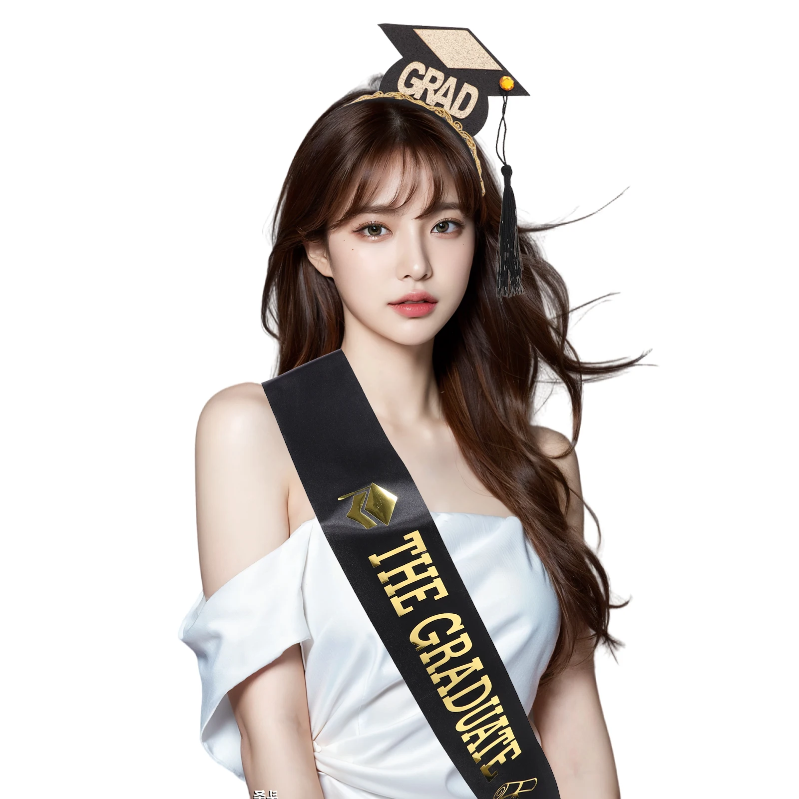 

2pcs Graduation Season Hat Party Supplies Set Black Sash Doctoral Cap Headband Tiaras Graduated Costume Accessories Favors