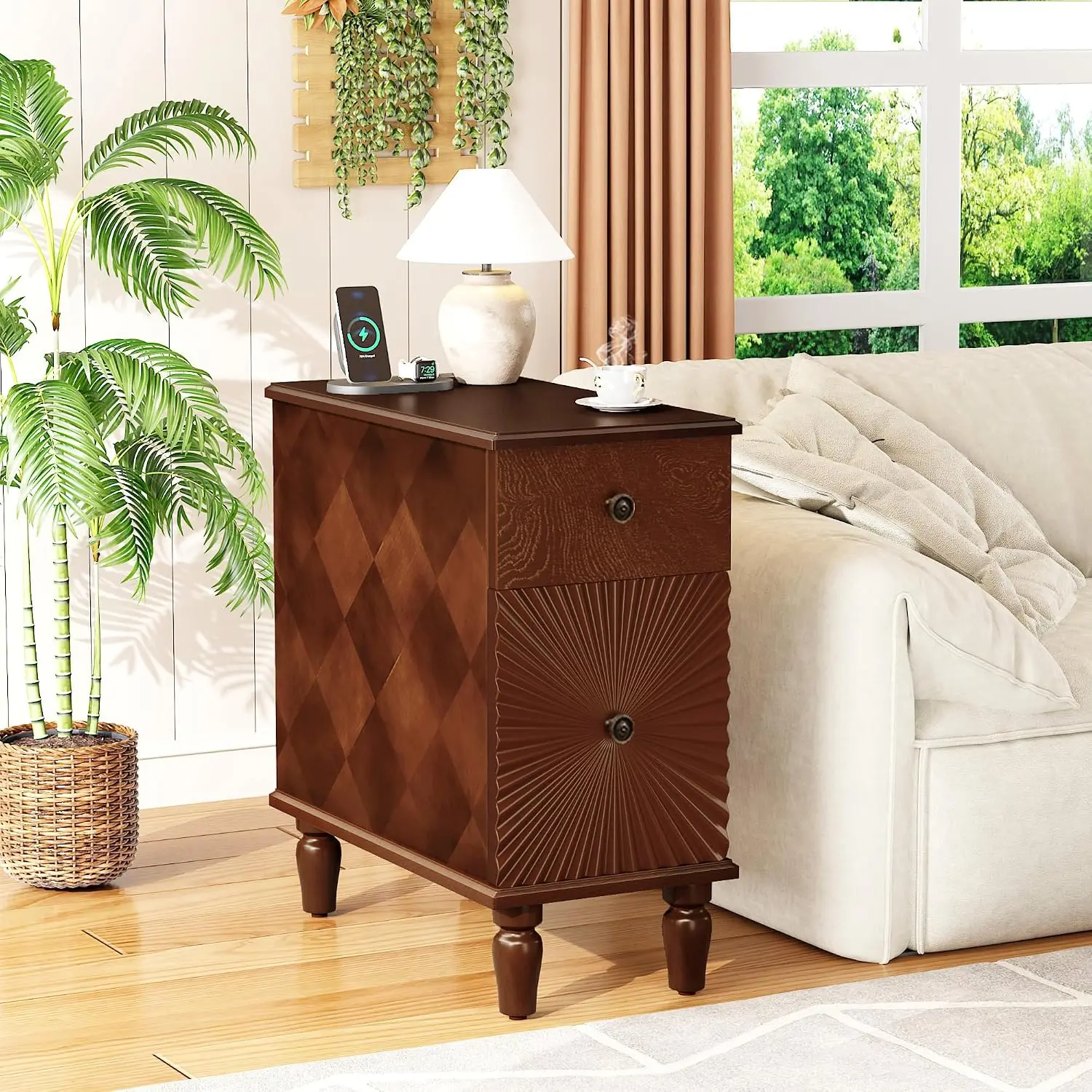 Walnut Nightstand 2 Drawers Charging Station USB AC Outlets Slim Bedside Table Small Spaces 23.6x11.8x24, Customized