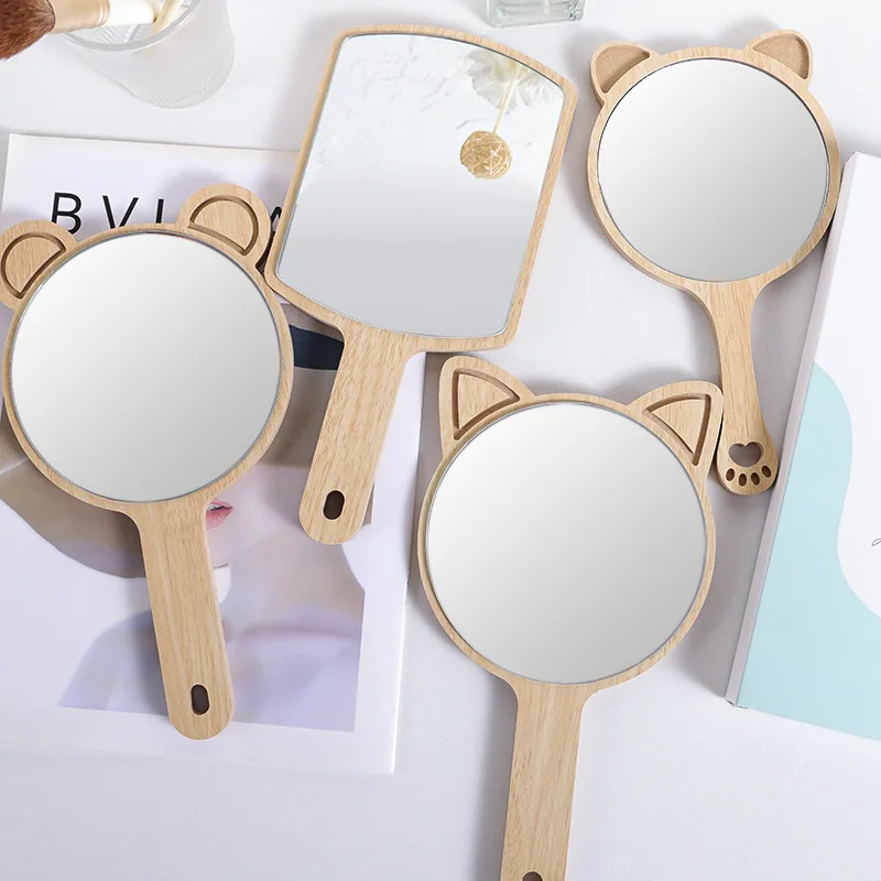 Natural Wood Mirror Wooden Hand Mirror Kids Carton Make Up Mirrors With Handle Portable Compact Makeup Vanity Hand Held Mirror