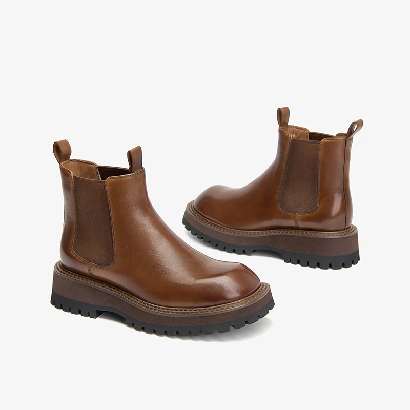 BEAUTODAY Chelsea Boots Women Cow Leather Solid Color Round Toe Elastic Band Thick Sole Ankle Boots Ladies Shoes Handmade 03A79