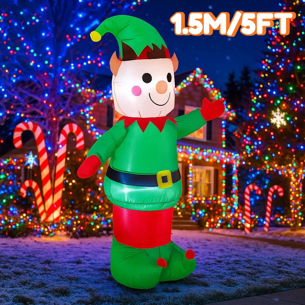 1.5メートル/5フィート クリスマスデコレーション インフレータブルおもちゃ エルフ型 膨らませる 屋外 家庭用 庭用 LEDライト付き クリスマスアニメーションパーティーおもちゃ