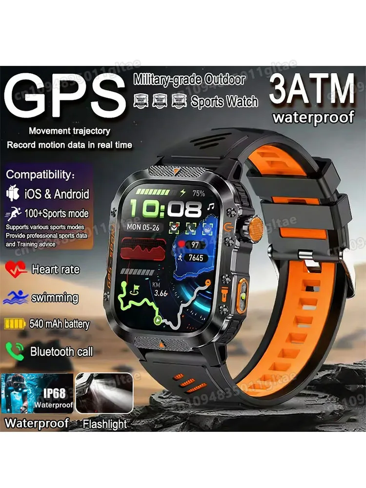 2026 Nieuwe Militaire kwaliteit Smart Horloge Mannen GPS Zaklamp 3ATM Waterdicht Horloge Bluetooth Oproep 100 + Sport Outdoor Smartwatch Pk MA27 - afbeelding 2