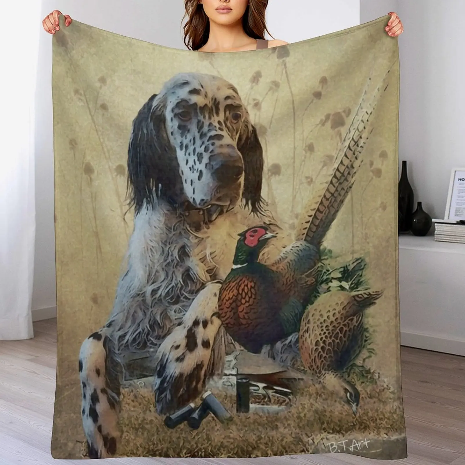 

English setter with pheasants, art Throw Blanket Breathable Lightweight Blanket for Adults Kids