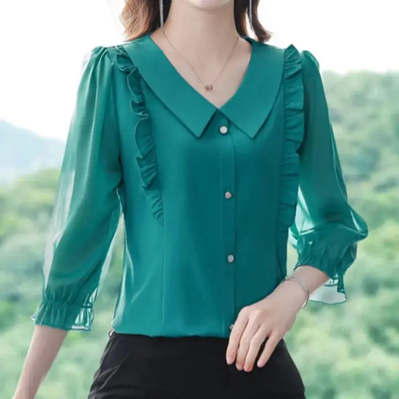 2023 Women\'s Clothing Net Yarn Sexy Patchwork Casual Korean Fashion Summer Loose Pullovers Buttons Solid Color O-neck Blouses