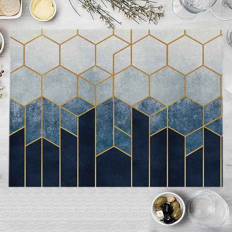 Gray Geometric Marble Kitchen Placemat Cotton Linen Dining Table Mat Hexagon Patchwork Coaster Pad 32x45cm Bowl Cup Coffee Mats