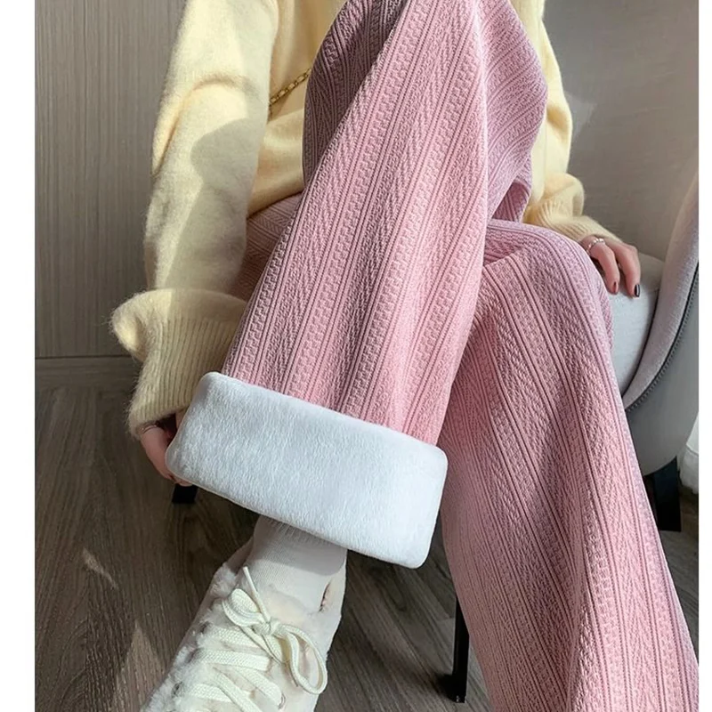 Autumn Winter 2024 All-match Fleece Wide Leg Pants Female Casual Solid Color Elastic Waist Trousers Women Clothes Thick Pants