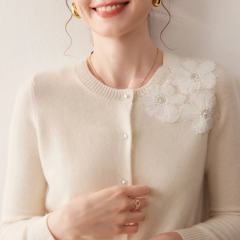 

Женский кашемировый кардиган с круглым вырезом, 100% кашемировый свитер, жемчужный цветок, кардиган в консервативном стиле, пальто, осенне-зимняя вязаная одежда, топы