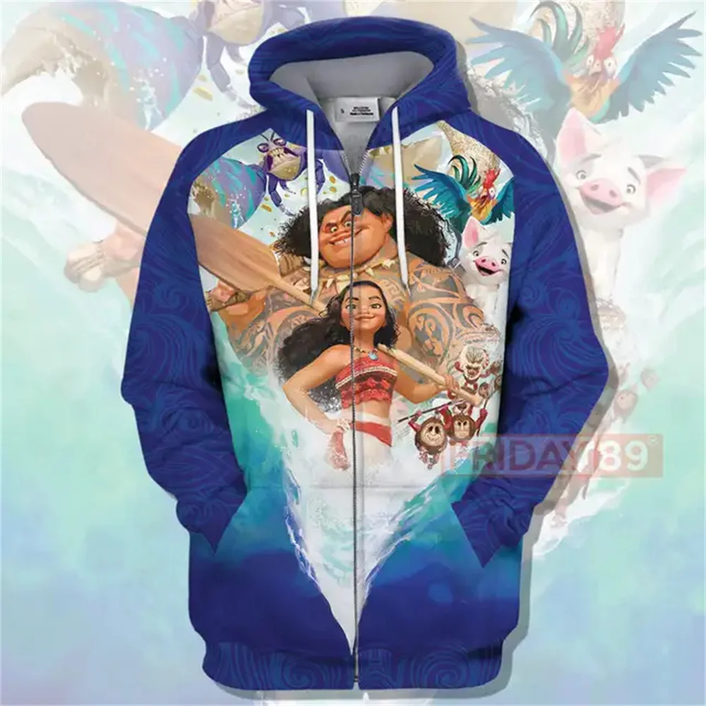 Disney Princess Moana Hoodie Men\'s and Women\'s Casual Sweatshirts Disney 3d Zipper Hoodie Harajuku Street Pullover Hoodie 2024