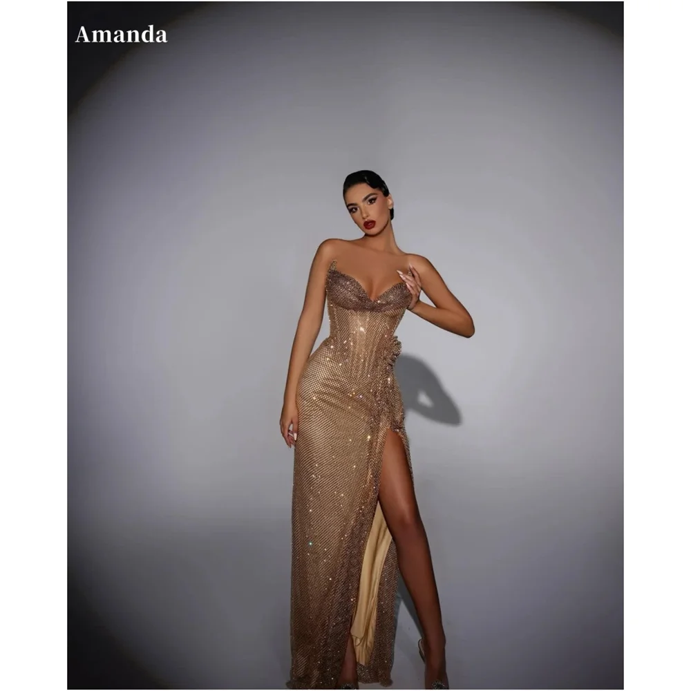 

Платье для выпускного вечера без рукавов Amanda по индивидуальному заказу, блестящее золотое платье для выпускного вечера с высоким разрезом по бокам, платье de noche длиной до пола, торжественное вечернее платье