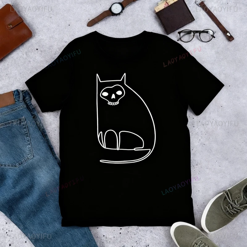 

Funny Pattern T-Shirts Cat Skull Halloween Art Graphic Tee Birthday Gifts Whimsical Creepy Weird Outsider Art Horror Spooky Cats