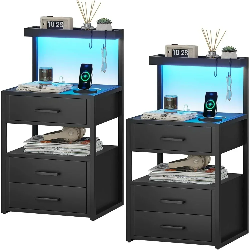 Nightstand Set, with Charging Station, Bedside Table with Open Storage Shelve, for Bedroom, with 3 Drawer, Black, LED Nightstand