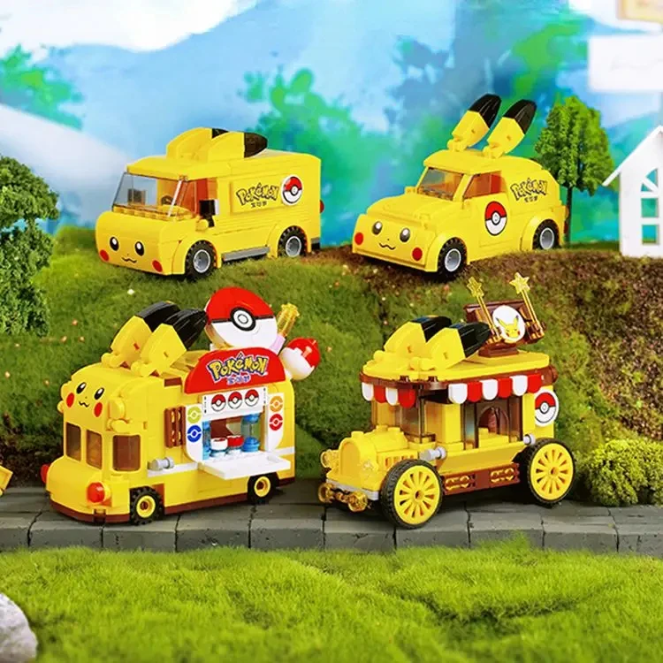 Pokemon Car Building Blocks Classic Anime Pikachu Taxi Car Bus Model Bricks Sets Desktop Decoraion Kids DIY Toys Christmas Gifts