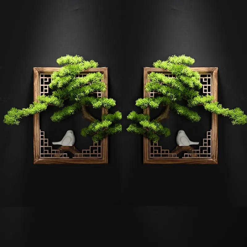 Chinese wall hanging decoration porch background wall green plant decoration restaurant teahouse wood frame three-dimensional