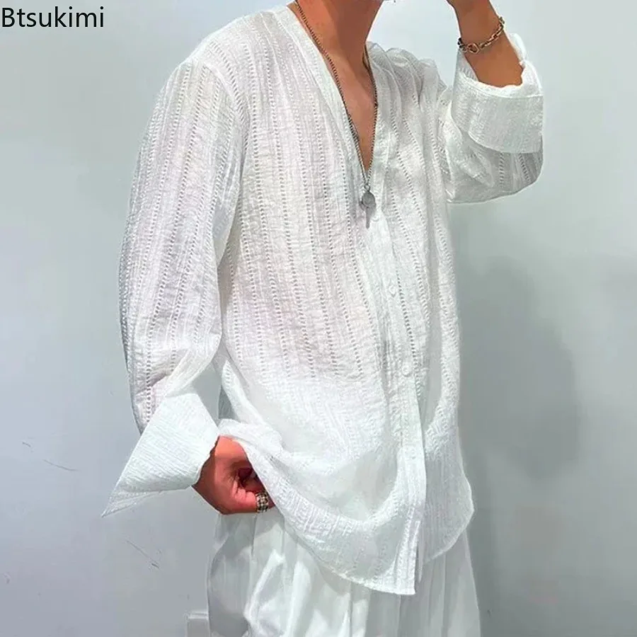 

2026 Men's Transparent Thin Mesh Tops Men Vintage Button-up V Neck Shirts Long Sleeve Solid Color Cardigan Spring Men's Clothing