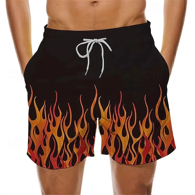 

Летние пляжные шорты в гавайском стиле для мужчин, плавки с графическим принтом в виде пламени, повседневные свободные плавки с завязками на талии, пляжная одежда для вечеринок