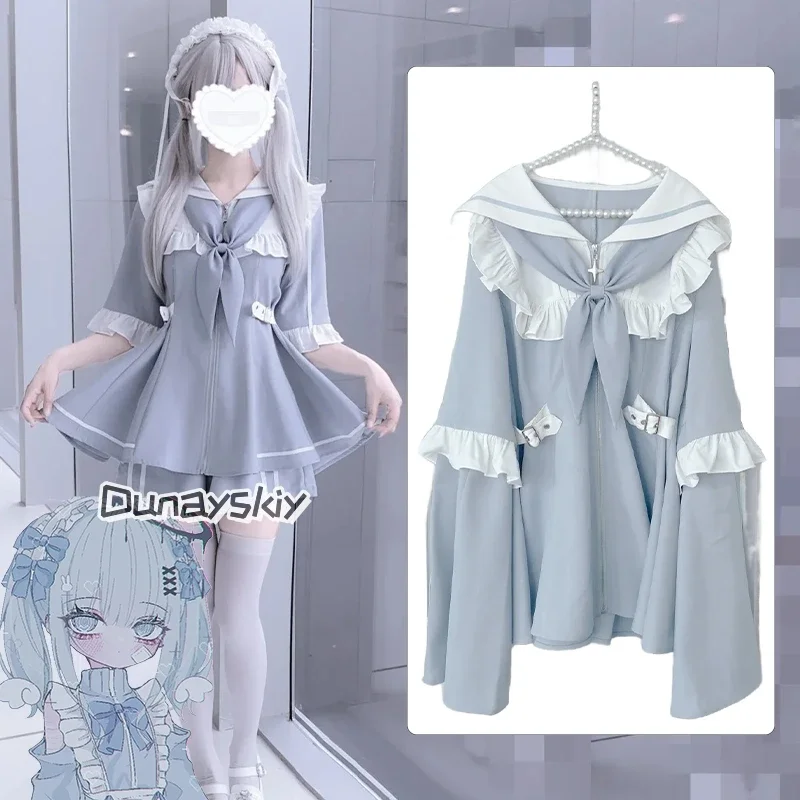 코스프레 일본 마이네 로리타 반바지 세트 Y2k 코스프레 JK 유니폼 슈트 리본 레이스 러플 슬림핏 스티칭 소매 드레스 애니메이션 코스 D