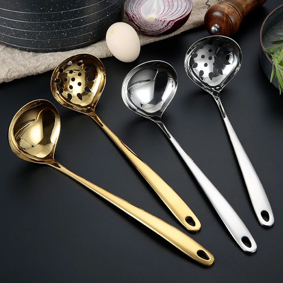 Metal Soup Spoon Stainless Steel Long Handle and Slotted Colander with Hole Filter for Holding Meat and Hot Pot or Restaurant,