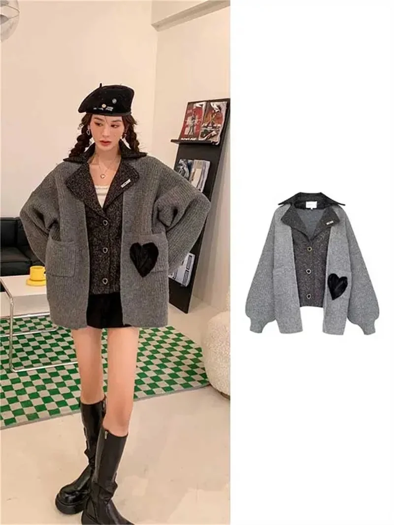 

Fake Two Pieces of Gentle Minimalist Korean Design Feeling Sweater Knitted Cardigan Coat Women Loose Lazy Style External Wear