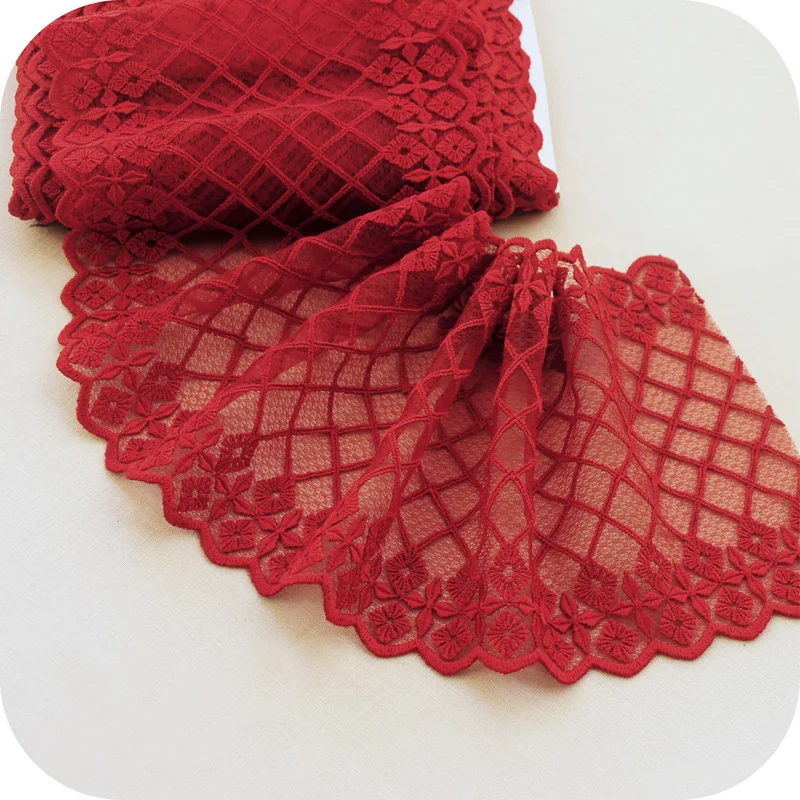 Authentic Red Date Colored Double Edged Embroidered Soft Drape Tulle Lace Ribbon for Apparel and Crafts, 15cm to 25cm