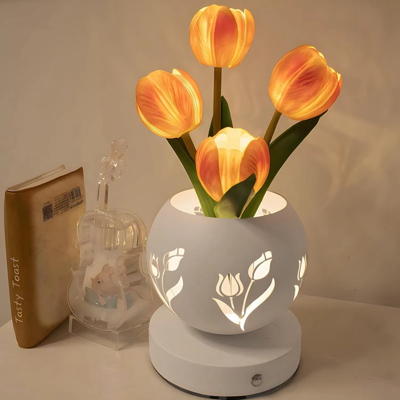 Tulip Night Light  Artificial Flower Desk Lamp With Cut-Out Vase USB Charging 3 Color Stepless Dimming Up Cute Table Lamp